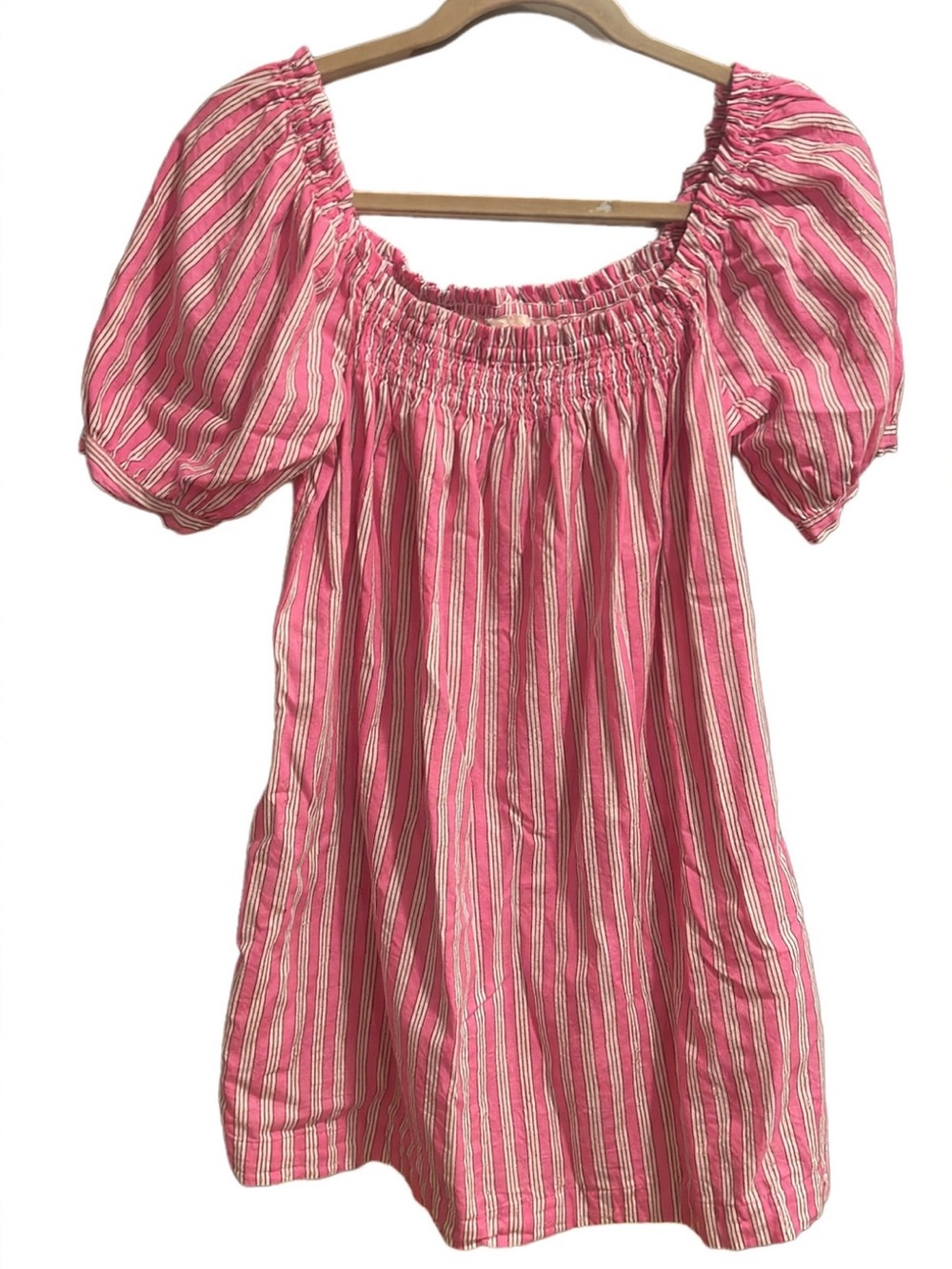 Darling Pink & White Striped Smocked Square-Neck Puff Sleeve Tunic